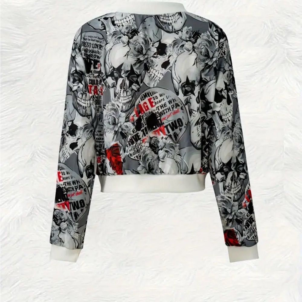 Women's Graphic Skull Print Jacket Grey - Picture 3 of 10